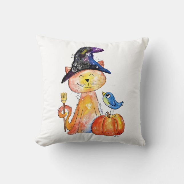Cute Whimsical Witch Cat with Pumpkin Throw Pillow (Front)