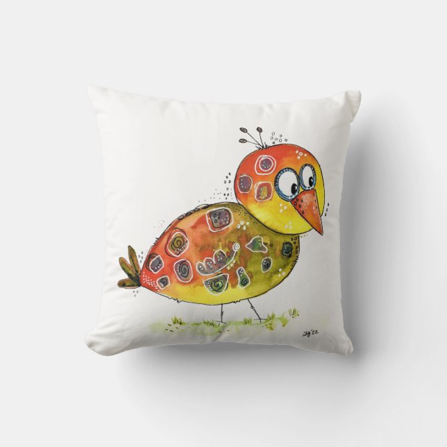 Cute Whimsical Yellow Bird Throw Pillow (Front)