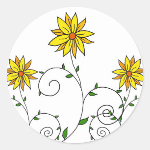 Cute Whimsical Yellow Flowers Doodle Art Classic Round Sticker