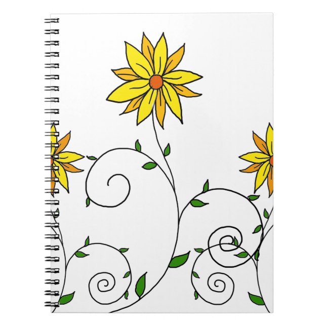 Cute Whimsical Yellow Flowers Doodle Art Notebook (Front)