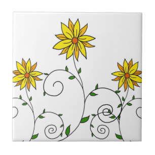 Cute Whimsical Yellow Flowers Doodle Art Tile