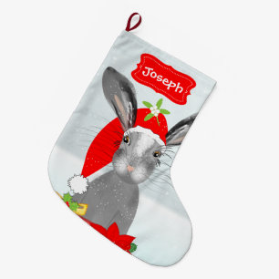Cute Whimsy Christmas Bunny Rabbit Peronalized Large Christmas Stocking