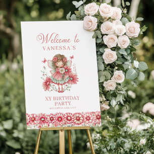 Cute Whimsy Fairy Floral Pink 2nd Birthday Welcome Poster