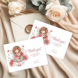 Cute Whimsy Fairy Pink Flowers 2nd Birthday Thank  You Card