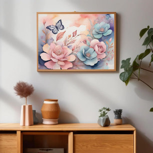 Cute Whimsy Floral Butterfly Watercolor AI Art Poster