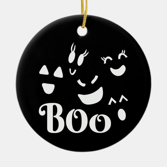 Cute Whimsy Halloween Ghost Faces Boo Black Ceramic Ornament (Front)