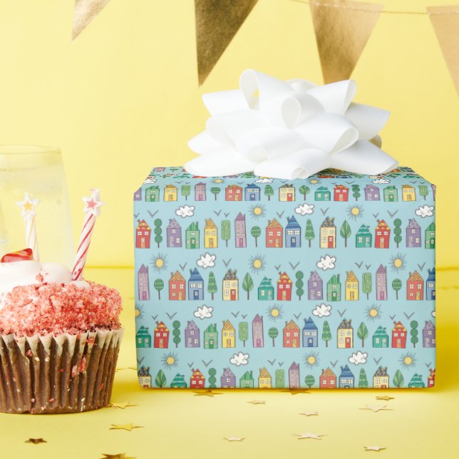 Cute Whimsy Neighbourhood Wrapping Paper Roll (Birthday Party)