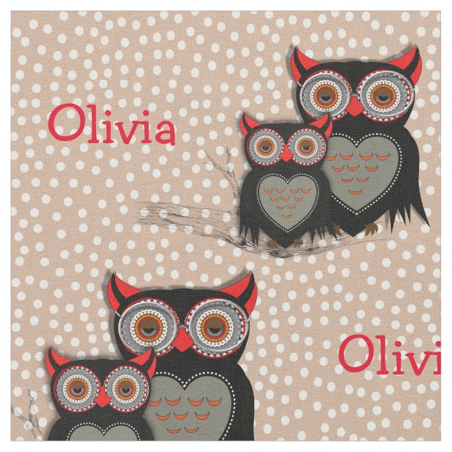 Cute Whimsy Owls On Polka Dot Personalized Fabric (Close Up)