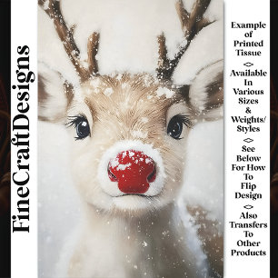 Cute Whimsy Rudolph Reindeer In Snow BW7 Decoupage Tissue Paper