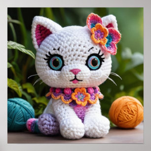 Cute Whiskers: White Kitty Cat Crocheted Colorful Poster
