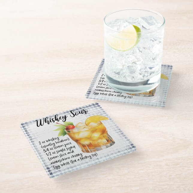 Cute Whiskey Sour Cocktail Recipe Glass Coaster (Angled)