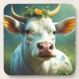 Cute White Ai Cow with Horns and Flowers Coaster