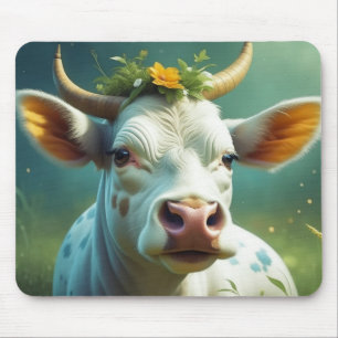 Cute White Ai Cow with Horns and Flowers Mouse Pad