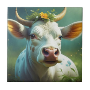 Cute White Ai Cow with Horns and Flowers Tile