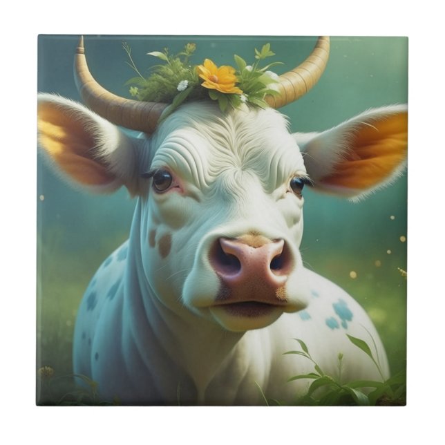 Cute White Ai Cow with Horns and Flowers Tile (Front)