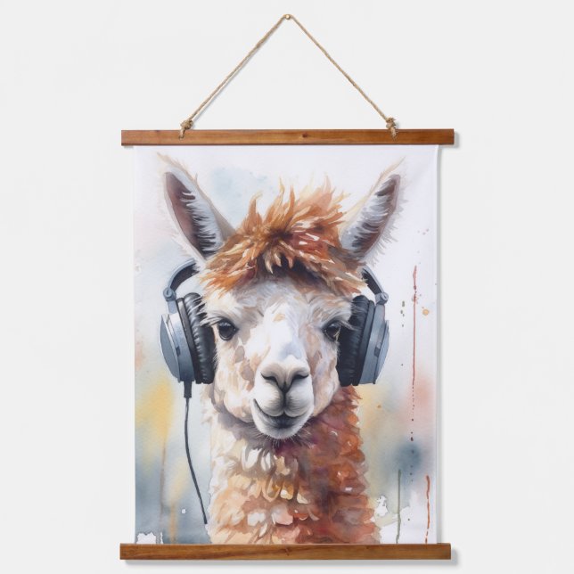 Cute white alpaca wearing headphones hanging tapestry (Front)