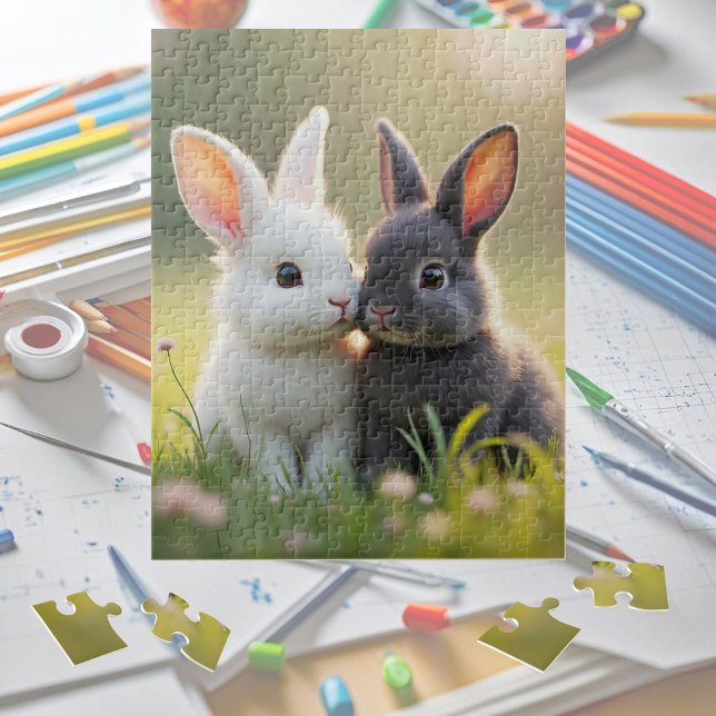 Cute white and black baby bunnies in a meadow,  jigsaw puzzle (Creator Uploaded)