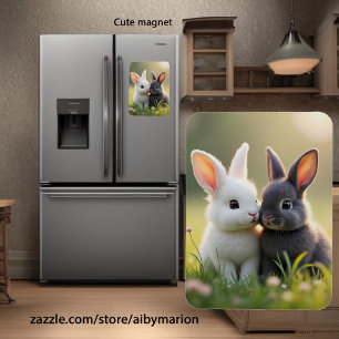 Cute white and black baby bunnies in a meadow, magnet