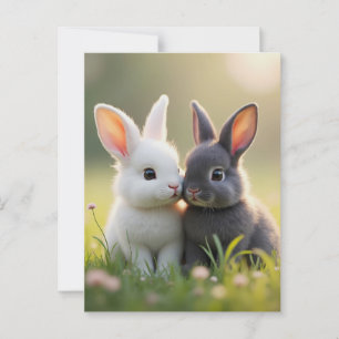 Cute white and black baby bunnies in a meadow,  postcard