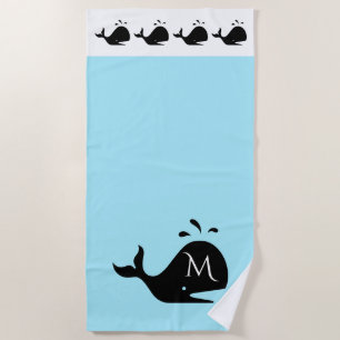 Cute White and Blue Custom Initial Black Whale Beach Towel