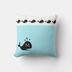 Cute White and Blue Custom Initial Black Whale Throw Pillow