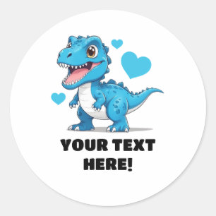 Cute White and Blue Personalized T-rex Classic Round Sticker