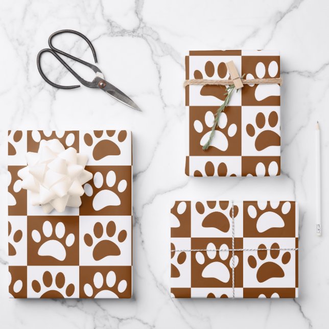 Cute White And Brown Paw Print Chequerboard Wrapping Paper Sheet (Front)