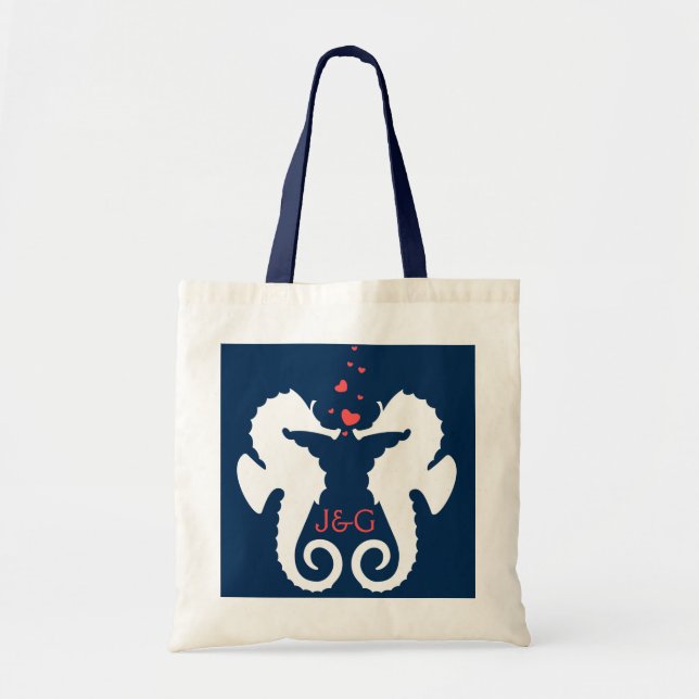 Cute White And Navy Blue Seahorses Tote Bag (Front)