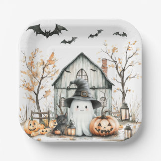 Cute White and Orange Ghost with Autumn Barn Paper Plate