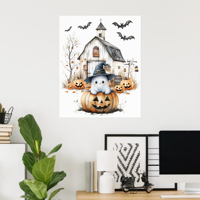 Cute White and Orange Ghost with Autumn Barn Poster (Home Office)