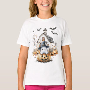 Cute White and Orange Ghost with Autumn Barn T-Shirt