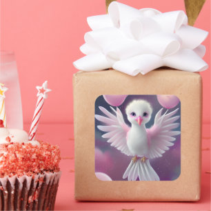 Cute White and Pink Baby Bird Birthday Square Sticker