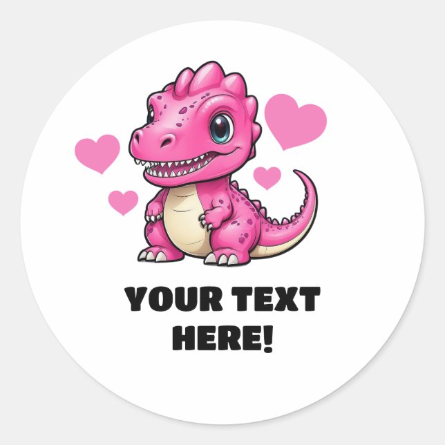 Cute White and Pink Personalized T-rex Classic Round Sticker (Front)