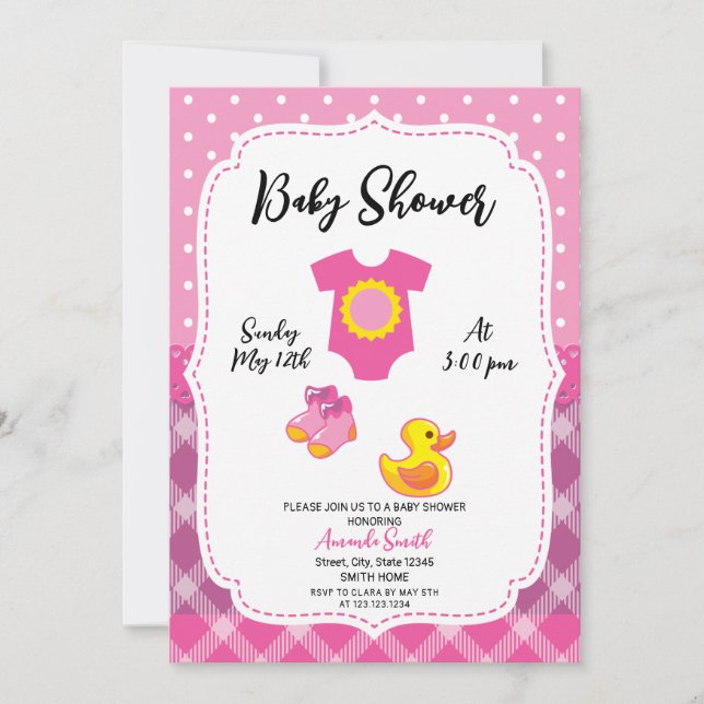 Cute White and Pink Rubber Duck Girl Baby Shower Invitation (Front)