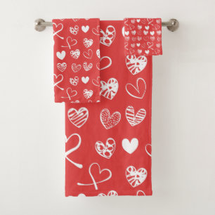 Cute White And Red Hearts Pattern Sketch Bath Towel Set