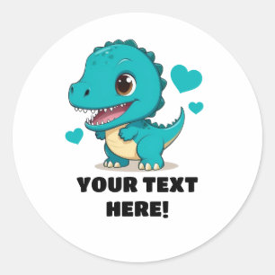 Cute White and Teal Personalized T-rex Classic Round Sticker