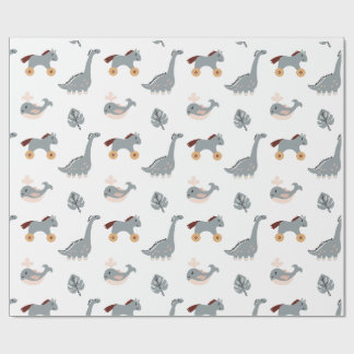 Cute White Animal Dino Leaf Kids Wrapping Paper