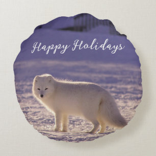 Cute White Arctic Fox Snow Winter Photography Round Pillow