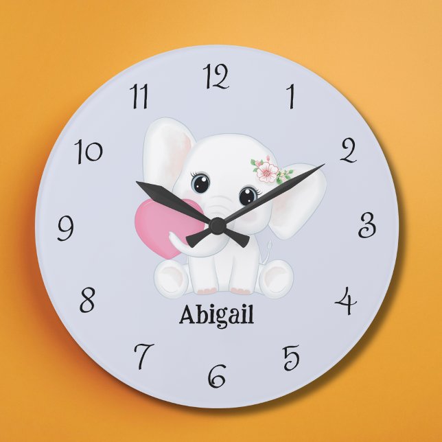 Cute White Baby Elephant pink heart custom name Large Clock (Creator Uploaded)