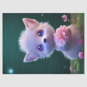 Cute White Baby Fox With Pink Flowers Decoupage Tissue Paper