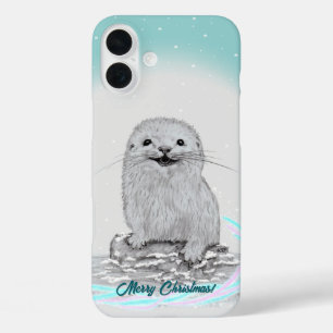 Cute White Baby Sea Otter , Merry Christmas iPhone 16 Plus Case