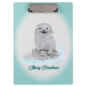 Cute White Baby Sea Otter , Merry Christmas Clipboard