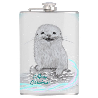 Cute White Baby Sea Otter , Merry Christmas Hip Flask