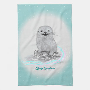 Cute White Baby Sea Otter , Merry Christmas Kitchen Towel
