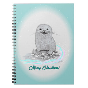 Cute White Baby Sea Otter , Merry Christmas Notebook