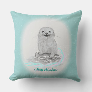 Cute White Baby Sea Otter , Merry Christmas Outdoor Pillow