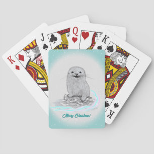 Cute White Baby Sea Otter , Merry Christmas Playing Cards