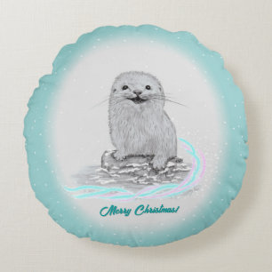 Cute White Baby Sea Otter , Merry Christmas Round Pillow