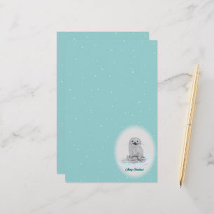Cute White Baby Sea Otter , Merry Christmas Stationery