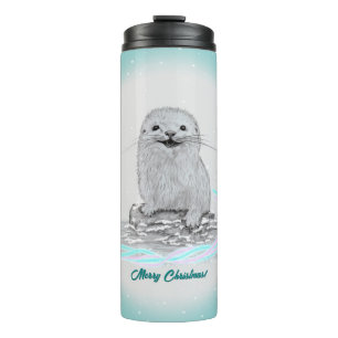 Cute White Baby Sea Otter , Merry Christmas Thermal Tumbler